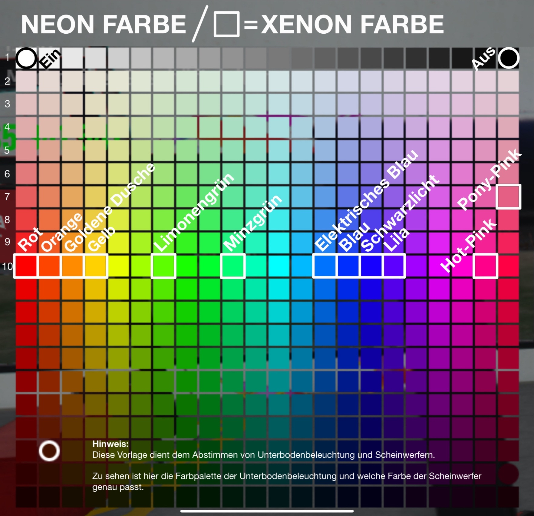 Farbmatrix der Unterbodenbeleuchtung mit passenden Xenon-Farben